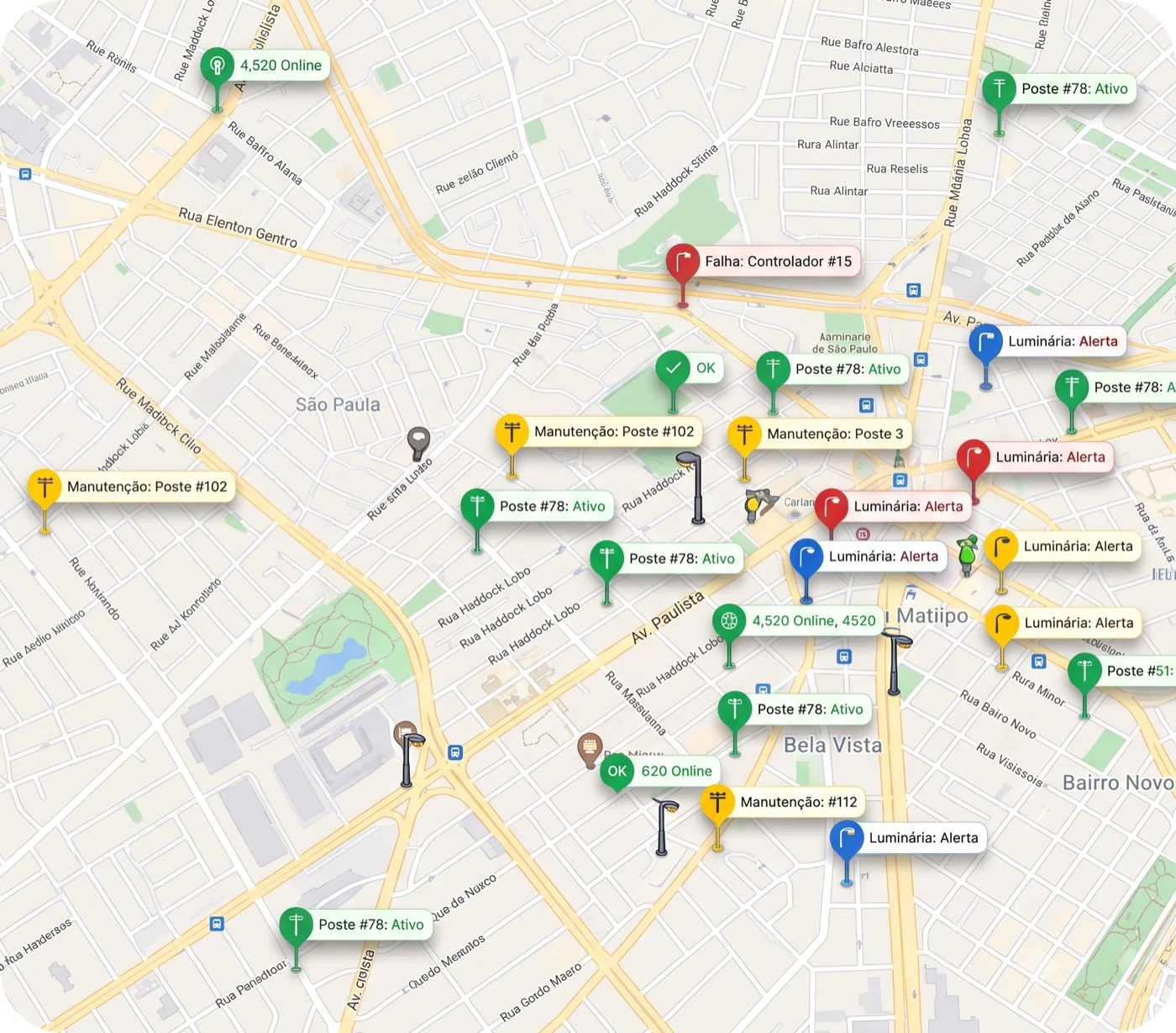 Mapa operacional DirectLuz com postes, luminárias e alertas em tempo real